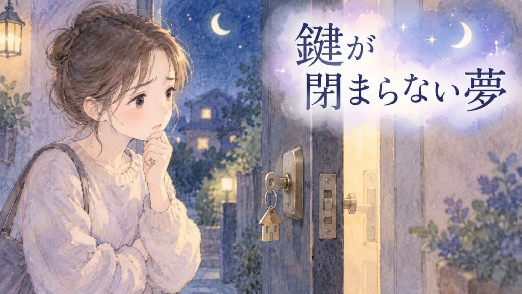 夜の玄関で閉まらない鍵を見つめる大人の女性