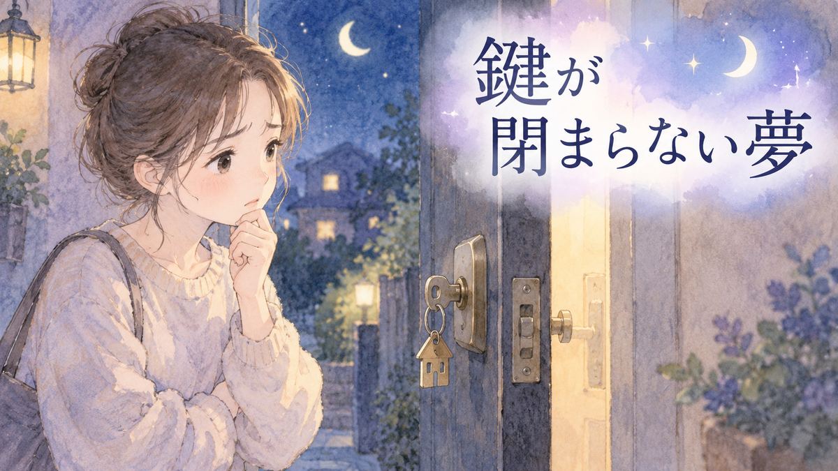 夜の玄関で閉まらない鍵を見つめる大人の女性