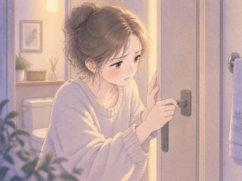 トイレの扉の鍵が閉まらず困る女性