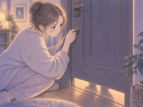 扉の向こうの人影を気にしながら鍵を回す女性
