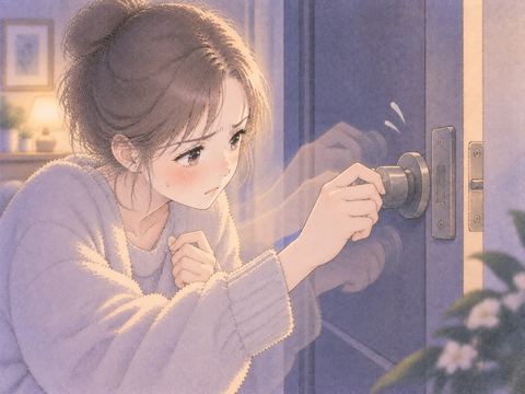 同じ鍵を何度も回そうとする女性の手元