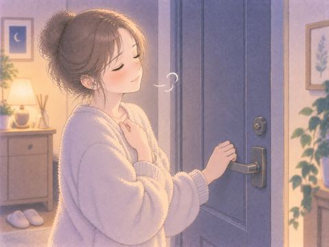 鍵を閉め終えてほっとする女性
