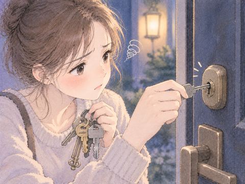 鍵束から選んだ鍵が錠前に合わない場面