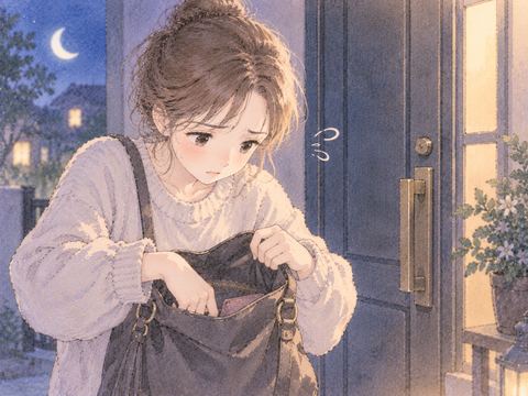 夜の玄関でバッグの中の鍵を探す女性