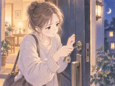 夜の家の扉で鍵を閉めようとする女性