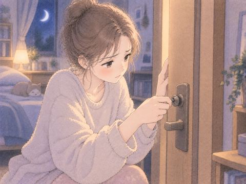 自室の扉の鍵を閉めようとする女性