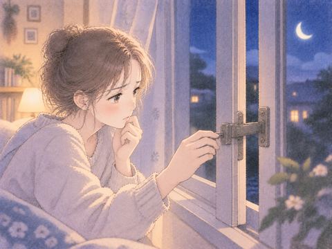 夜の窓の鍵が閉まらず外を気にする女性