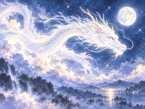 淡い光をまとって夜空を進む白い龍
