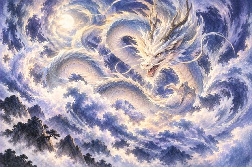 渦巻く雲の中で激しく身を動かす龍