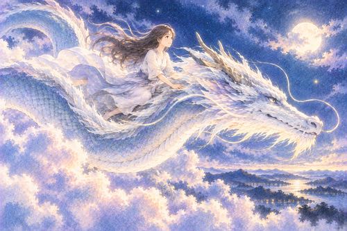 龍の背に乗って空を進む女性