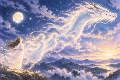 人の姿から龍へ変わり空へ向かう幻想的な場面