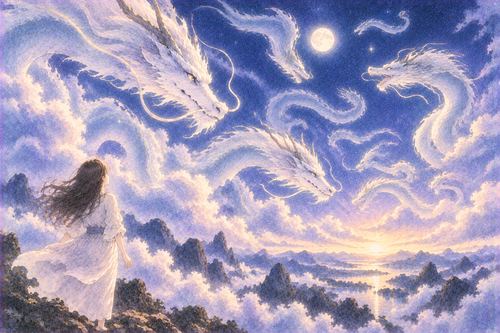広い空を何匹もの龍が飛ぶ幻想的な光景