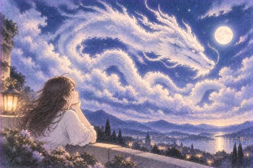 夜空に龍の形となって浮かぶ雲