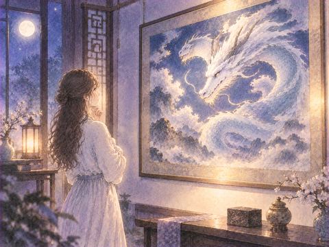壁に飾られた龍の絵を見つめる女性