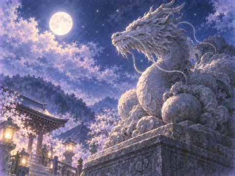 月明かりに照らされた静かな龍の像