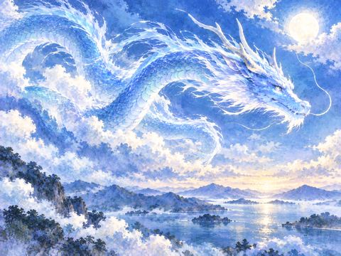 澄んだ青色の龍が静かな空を泳ぐ様子