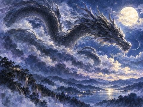 月明かりに輪郭が浮かぶ静かな黒い龍