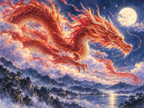赤い龍が力強く夜空を進む様子