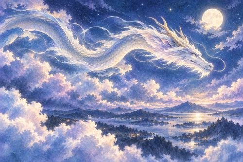 広い夜空を悠々と飛ぶ龍