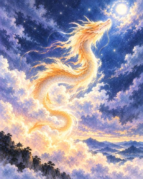 雲を抜けて空高く昇っていく龍