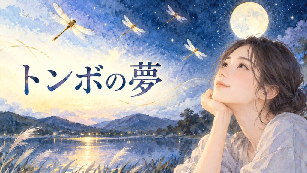 夜空を飛ぶトンボを穏やかに見上げる女性