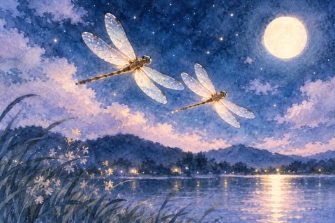 夜空を寄り添うように飛ぶ二匹のトンボ