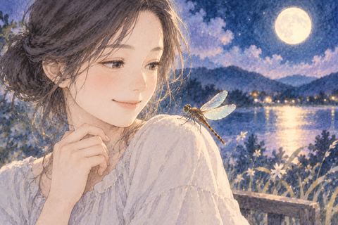 肩にとまったトンボを穏やかに見る女性