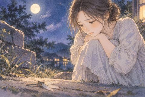 動かないトンボを前に複雑な表情をする女性
