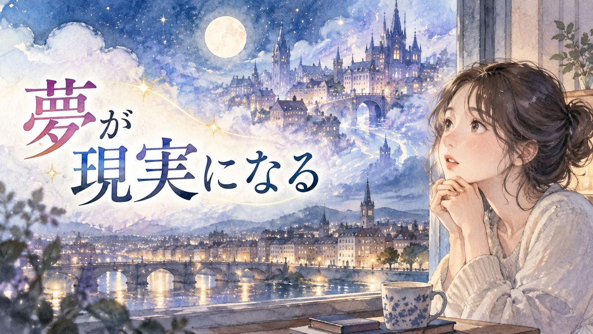 夢と現実が重なる光景を見つめる女性