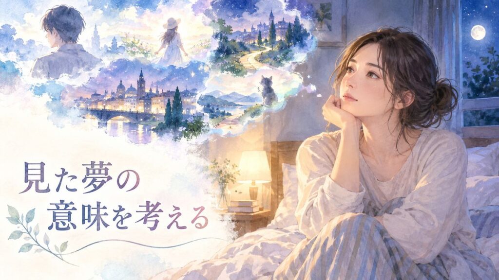 夜に夢を振り返る大人の女性と浮かぶ人物や場所の夢景色
