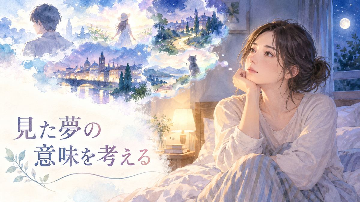 夜に夢を振り返る大人の女性と浮かぶ人物や場所の夢景色