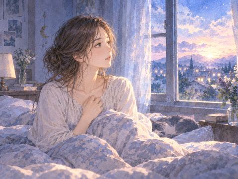 目覚めた後に胸元へ手を添えて夢を思う女性