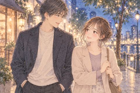 夜の街を並んで歩きデートを楽しむ男女