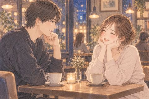 夜のカフェで楽しそうに話す男女