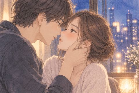夜の光の中で顔を寄せ合う男女