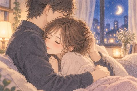 夜の室内で穏やかに抱き合う男女