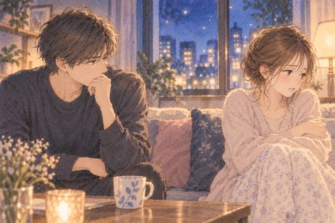 夜の部屋で距離を置いて向き合う男女