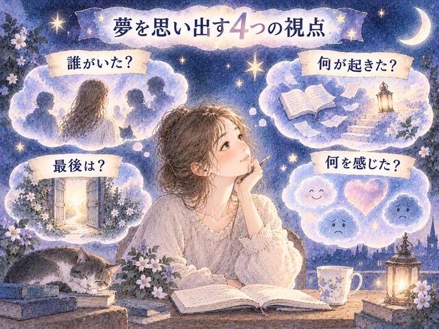 夢の出来事や感情を四つの視点で振り返る図解