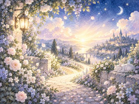 柔らかな光の先に花と開いた道が見える吉夢の情景