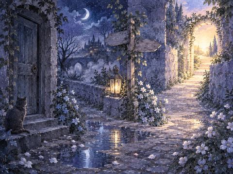 暗い道の先に柔らかな出口の光が見える夢の情景