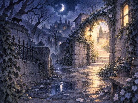 不安な夜道の先に安心できる光が差す悪夢の情景