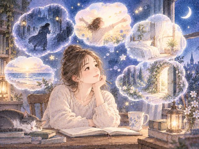 複数の夢の場面を静かに見つめる女性のイラスト