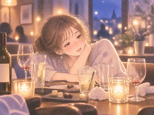 複数のグラスを前に疲れた様子の女性