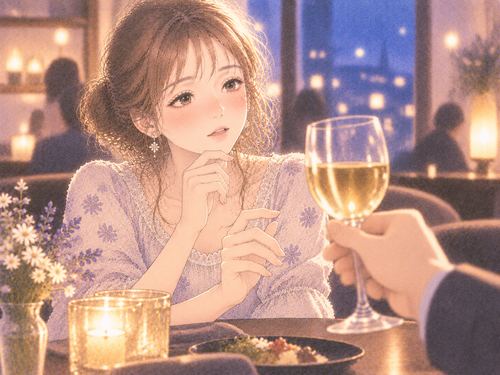 差し出されたグラスを見つめる女性