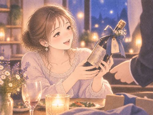 贈られた酒瓶を両手で受け取る女性