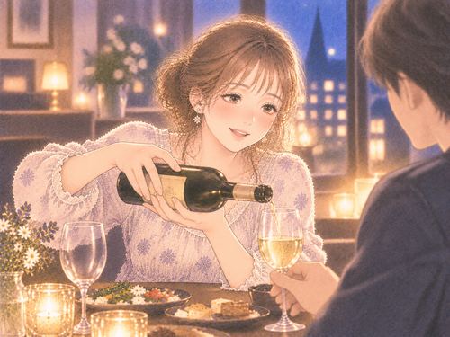 相手のグラスへお酒を注ぐ女性