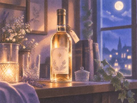 月明かりを受ける中身の入った酒瓶