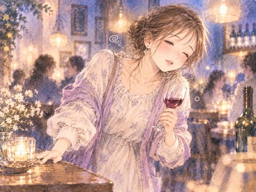 酔って少しふらつく女性とグラス