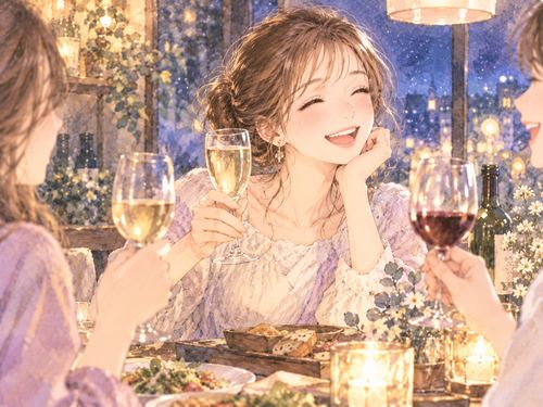 酒席で落ち着いてグラスを持つ女性