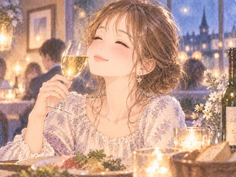 お酒を味わって微笑む女性